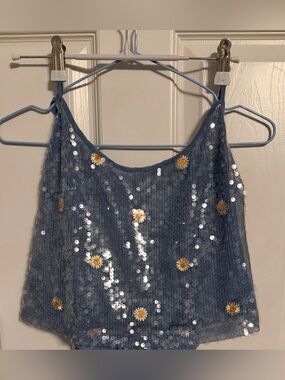 Nasty Gal Periwinkle Sequin Daisy Cami Halter, size Large